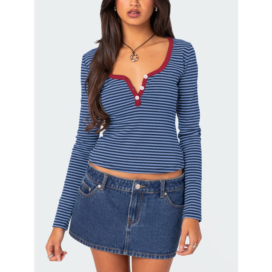 Buttoned Striped Long Sleeve T-Shirt Navy / S Apparel and Accessories