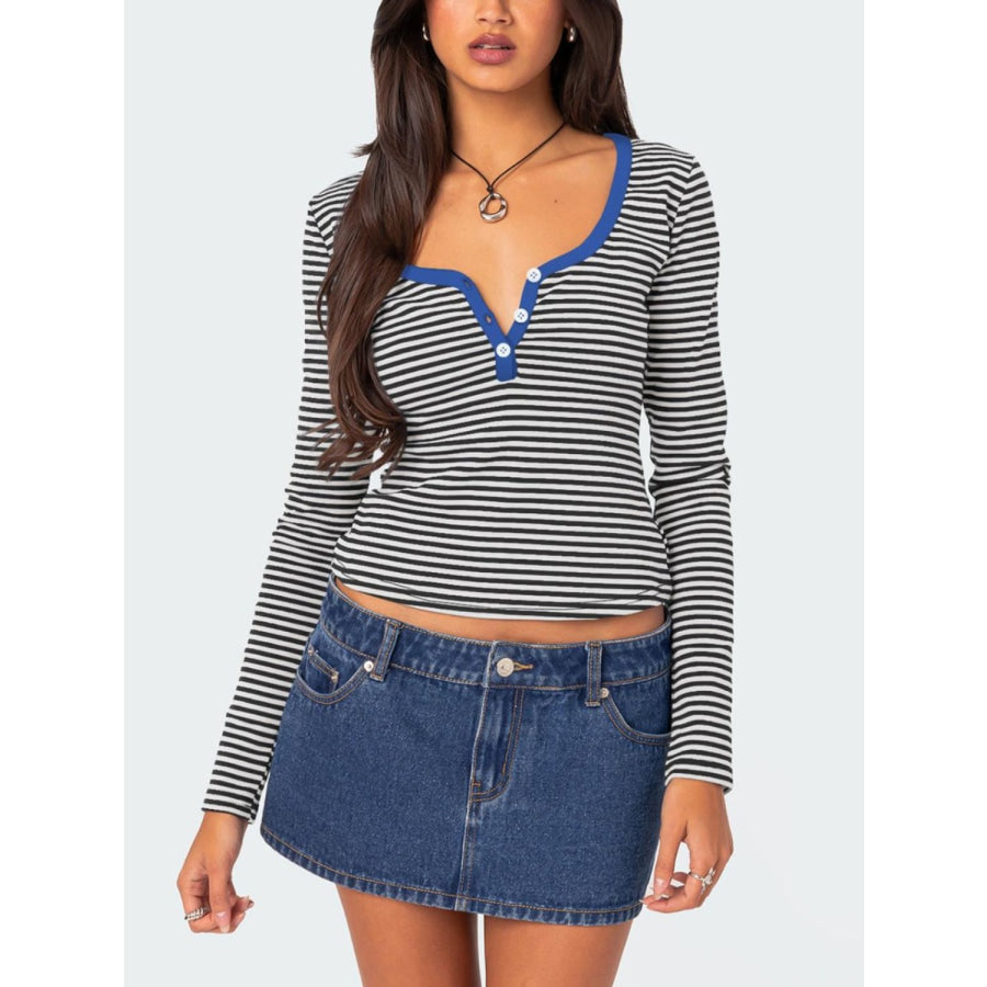 Buttoned Striped Long Sleeve T-Shirt Royal Blue / S Apparel and Accessories