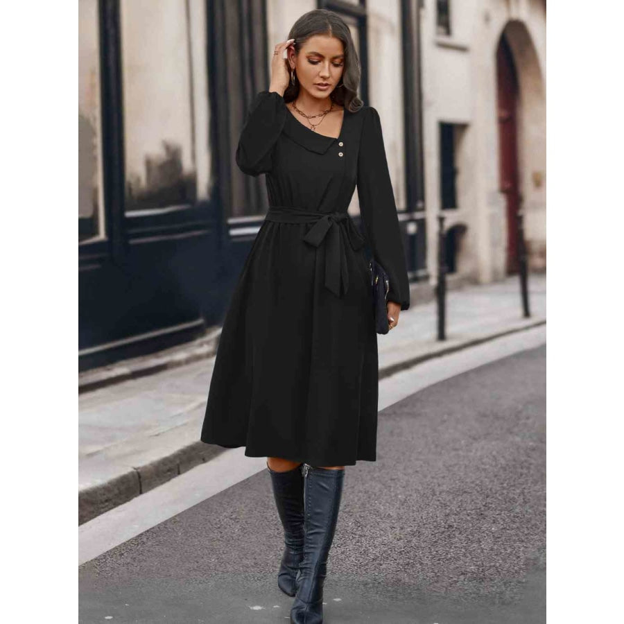 Buttoned Tie Front Long Sleeve Asymmetrical Neck Dress Black / S