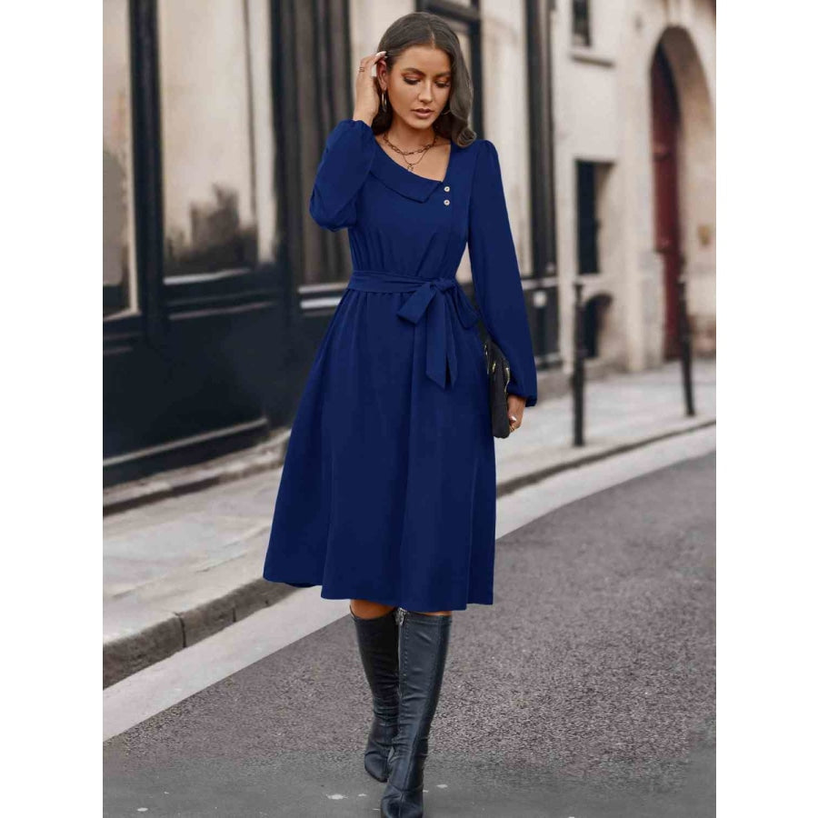 Buttoned Tie Front Long Sleeve Asymmetrical Neck Dress Navy / S