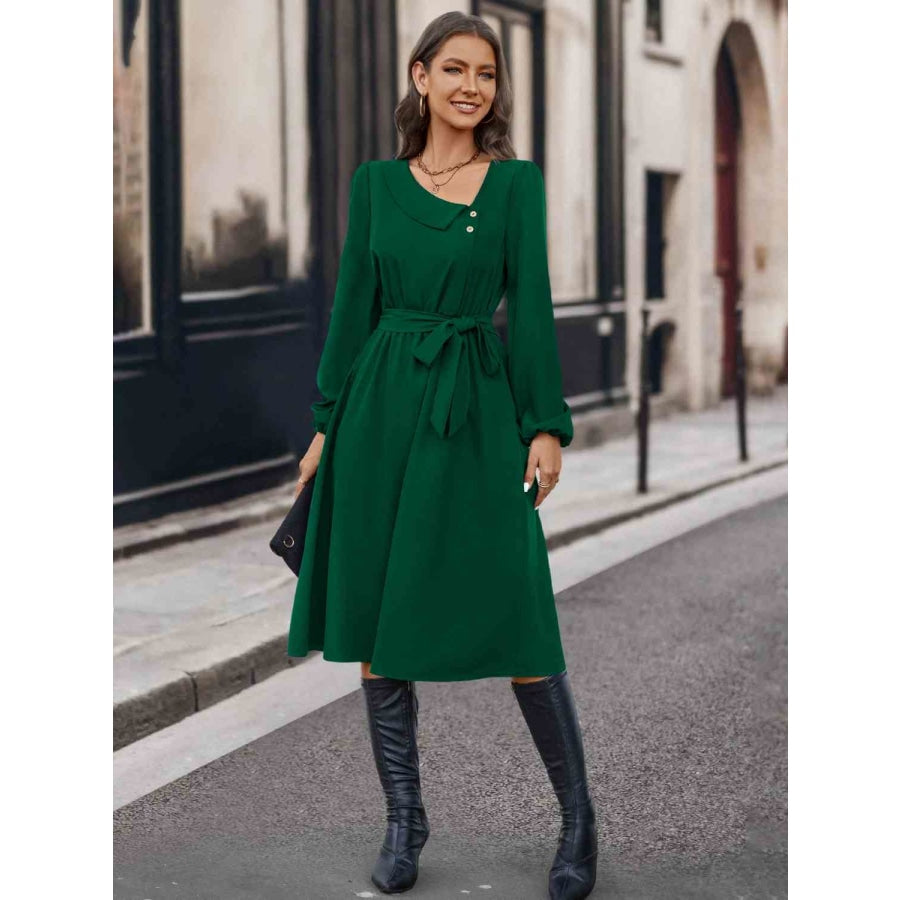 Buttoned Tie Front Long Sleeve Asymmetrical Neck Dress