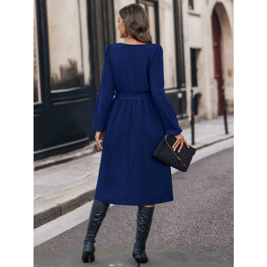 Buttoned Tie Front Long Sleeve Asymmetrical Neck Dress