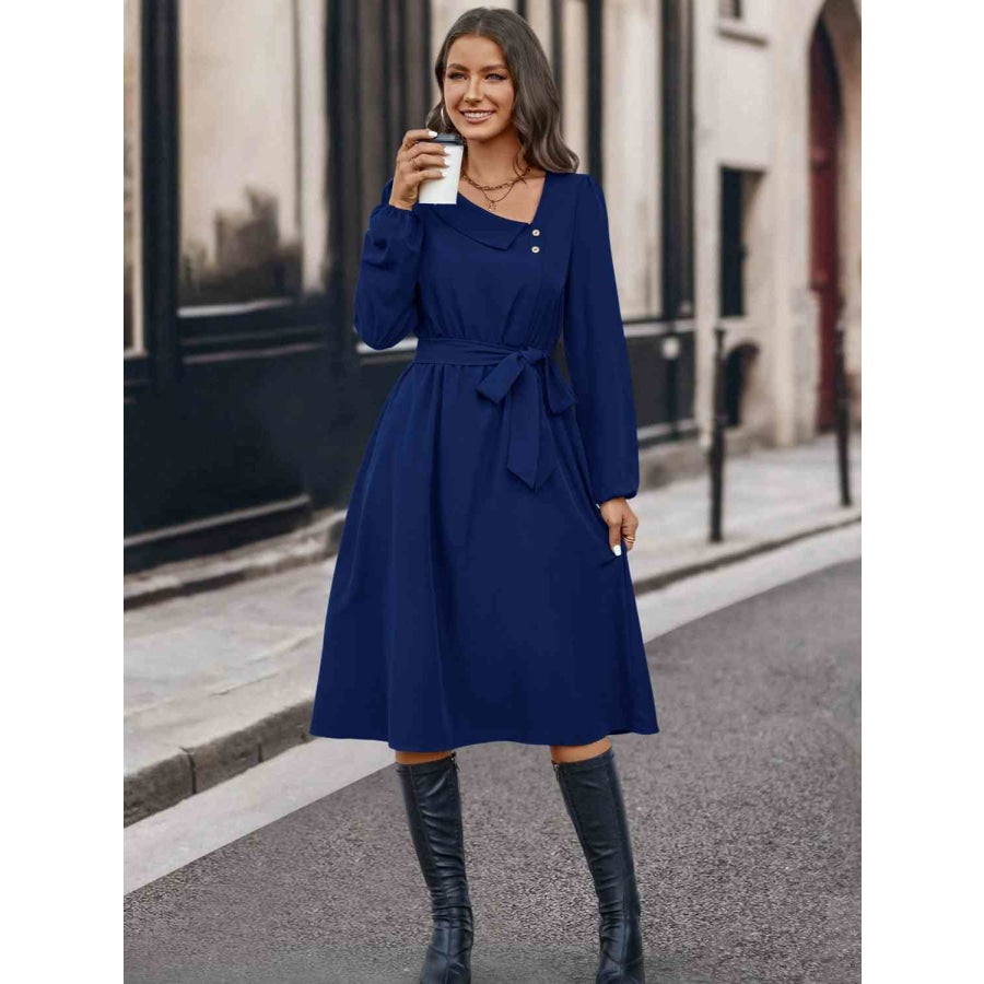 Buttoned Tie Front Long Sleeve Asymmetrical Neck Dress