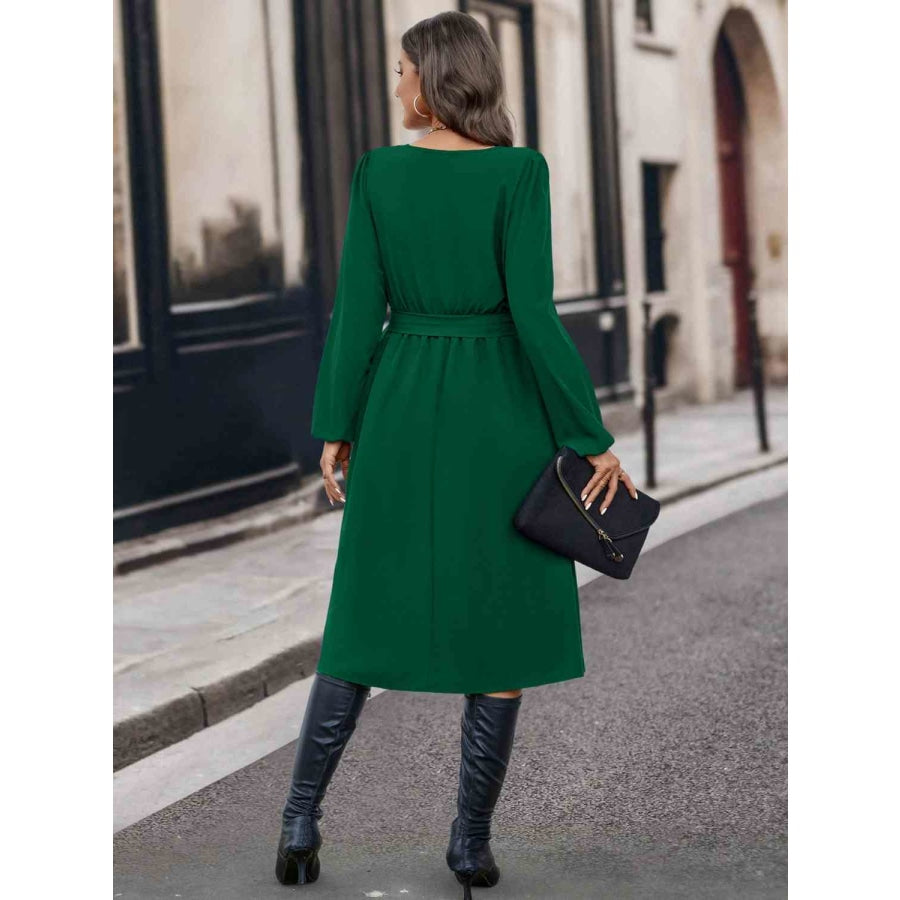 Buttoned Tie Front Long Sleeve Asymmetrical Neck Dress