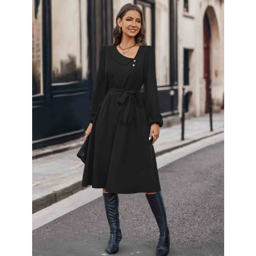 Buttoned Tie Front Long Sleeve Asymmetrical Neck Dress