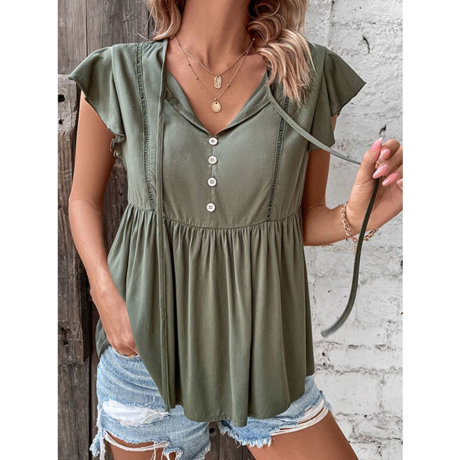 Buttoned Tie Neck Flutter Sleeve Babydoll Top Sage / S