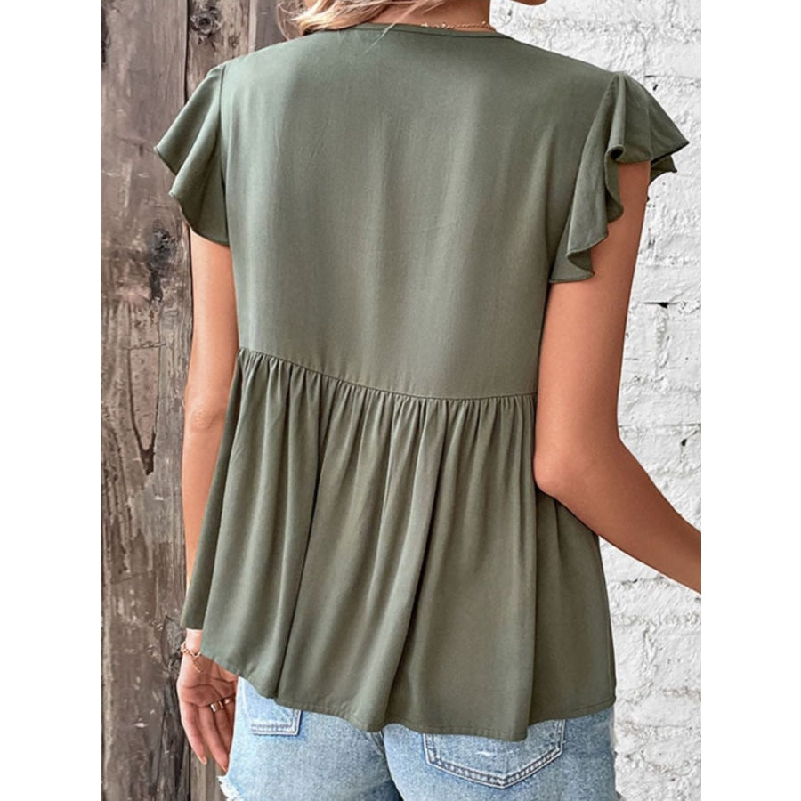 Buttoned Tie Neck Flutter Sleeve Babydoll Top Sage / S