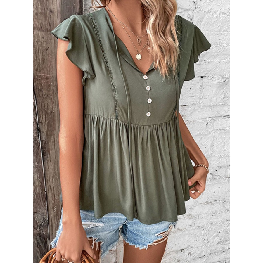 Buttoned Tie Neck Flutter Sleeve Babydoll Top