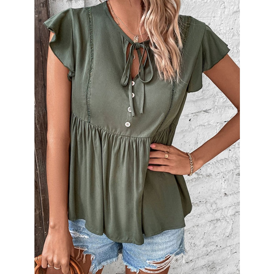 Buttoned Tie Neck Flutter Sleeve Babydoll Top