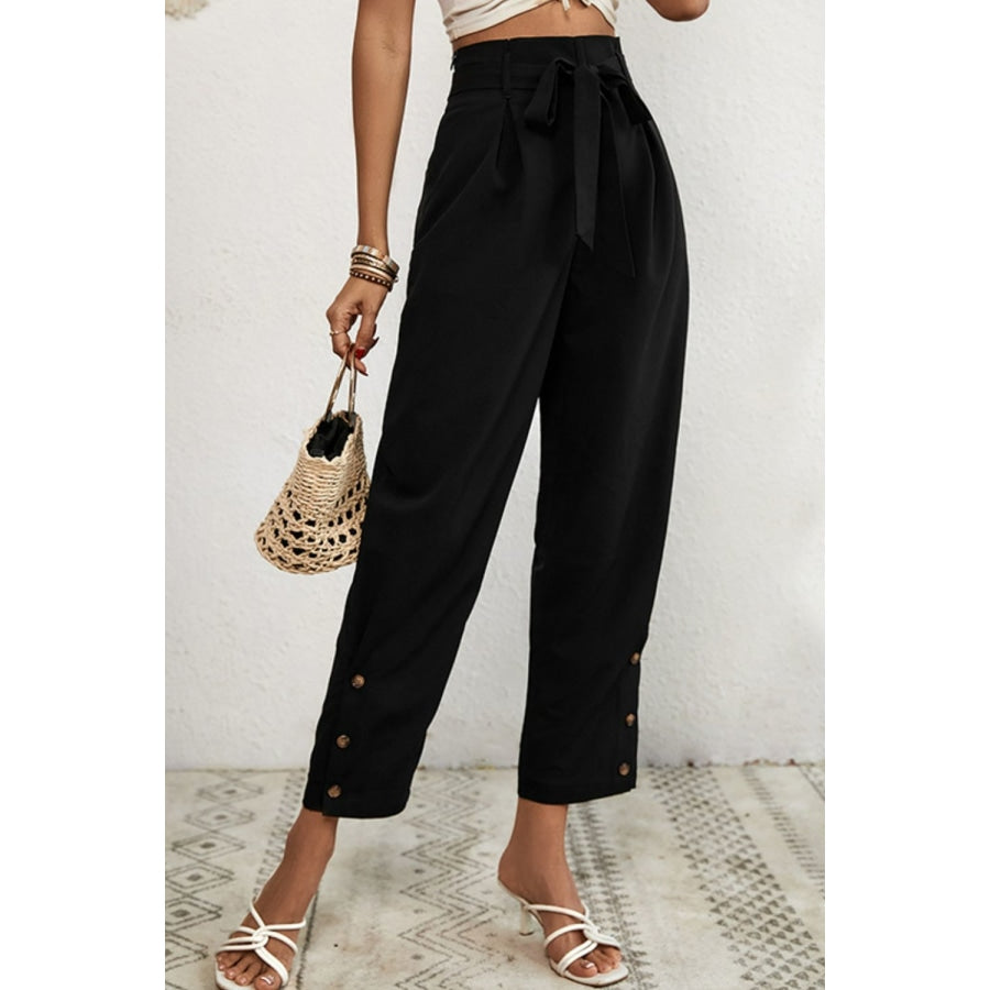 Buttoned Tie-Waist Cropped Pants Black / S