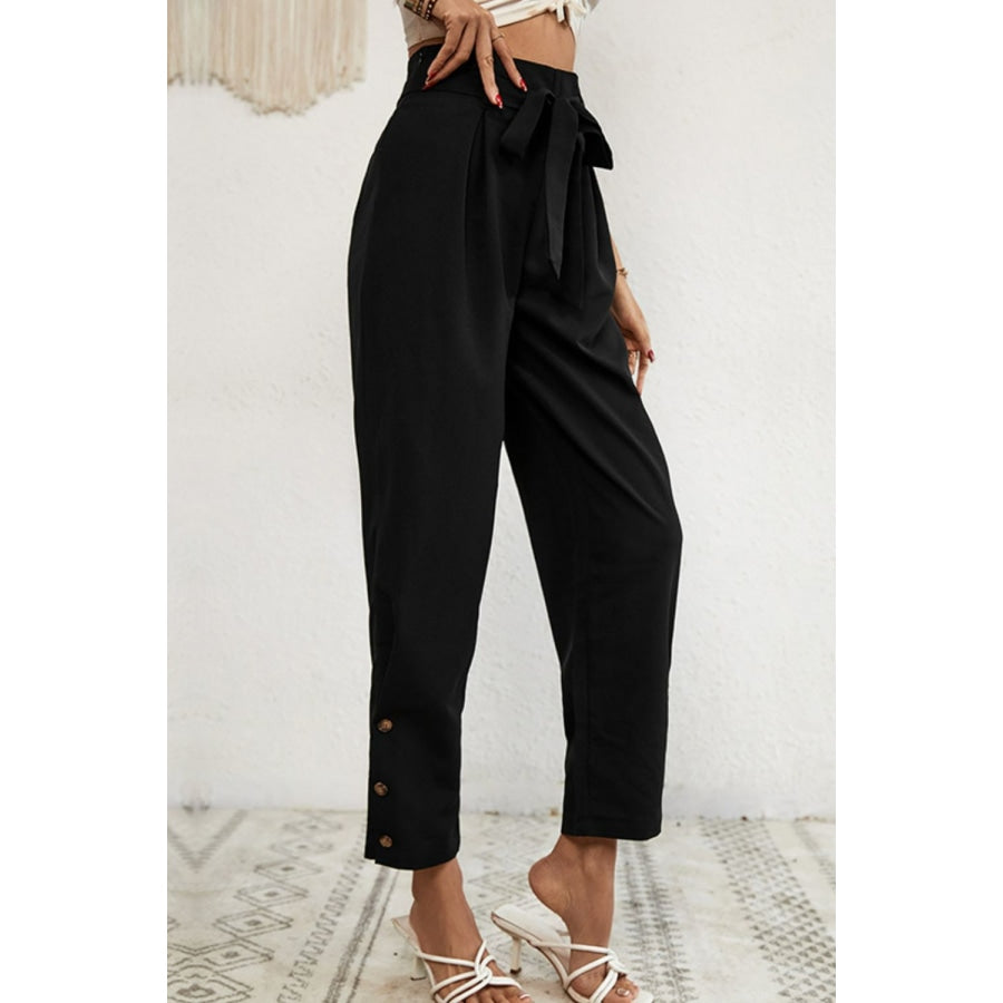 Buttoned Tie-Waist Cropped Pants