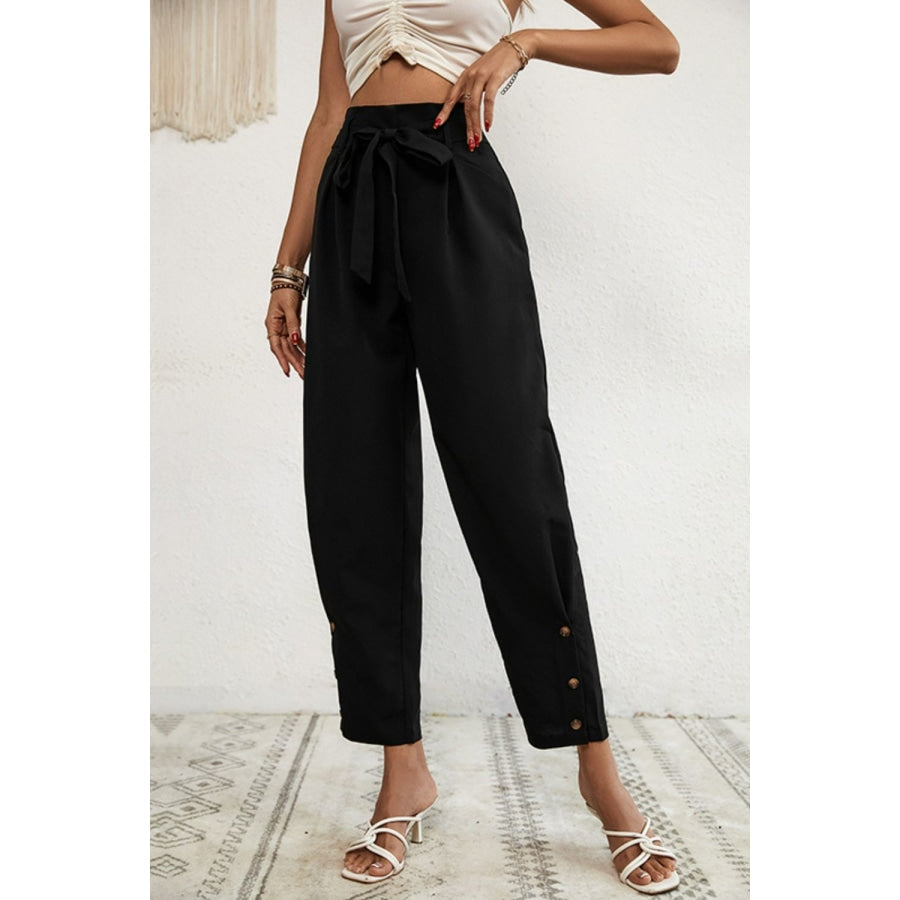 Buttoned Tie-Waist Cropped Pants