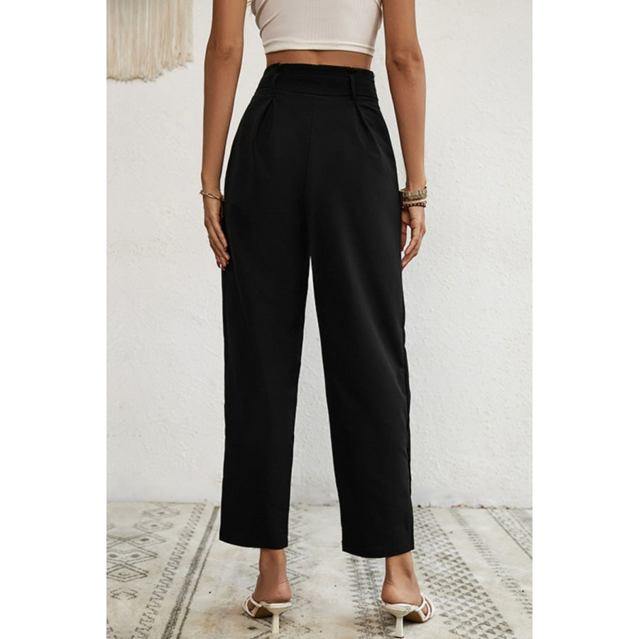 Buttoned Tie-Waist Cropped Pants Black / S