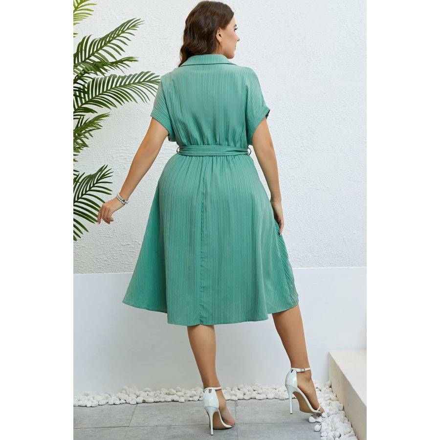 Buttoned Tie-Waist Shirt Dress Turquoise / 1X