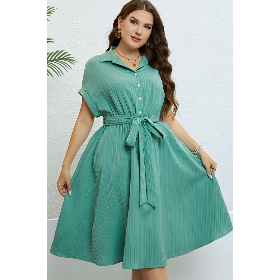 Buttoned Tie-Waist Shirt Dress Turquoise / 1X