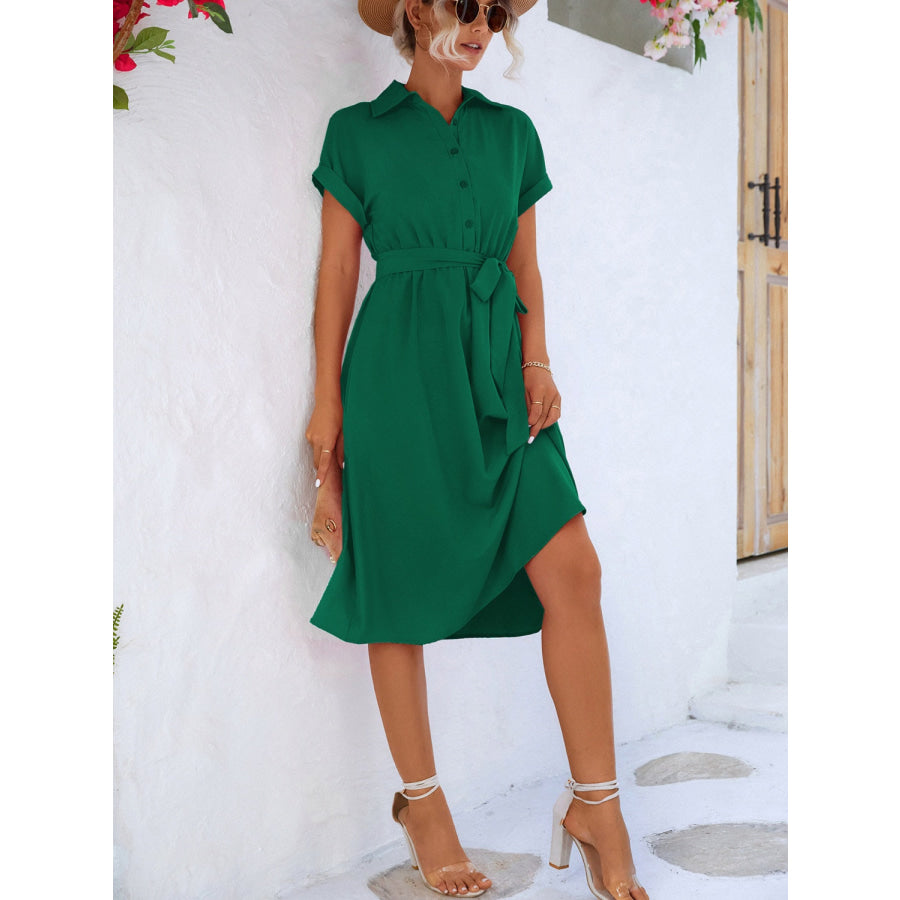 Buttoned Tie Waist Short Sleeve Dress Apparel and Accessories