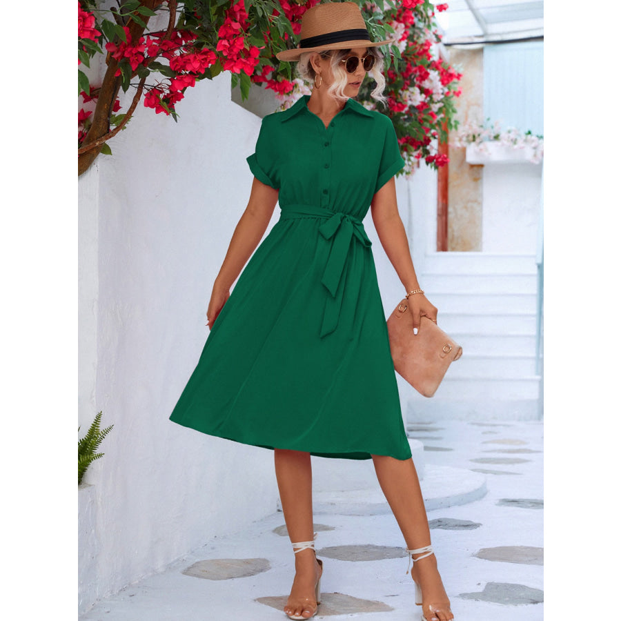 Buttoned Tie Waist Short Sleeve Dress Apparel and Accessories