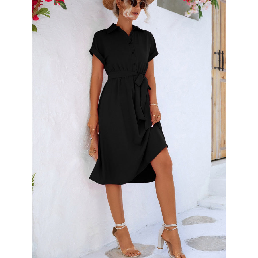 Buttoned Tie Waist Short Sleeve Dress Apparel and Accessories