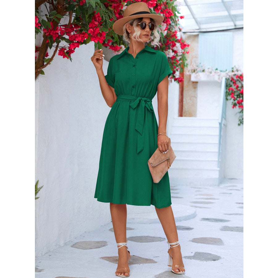 Buttoned Tie Waist Short Sleeve Dress Apparel and Accessories