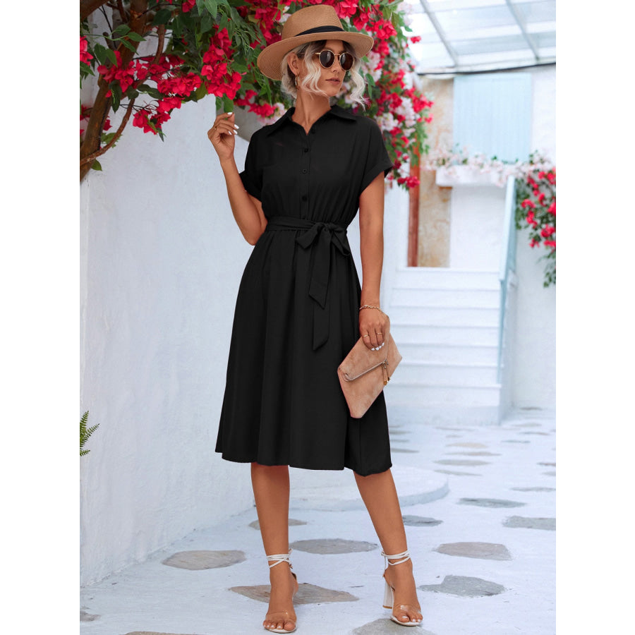 Buttoned Tie Waist Short Sleeve Dress Black / S Apparel and Accessories