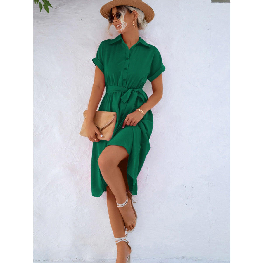 Buttoned Tie Waist Short Sleeve Dress Mid Green / S Apparel and Accessories