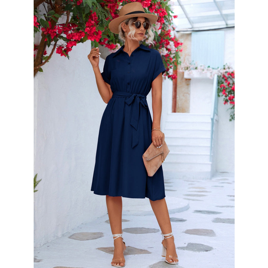 Buttoned Tie Waist Short Sleeve Dress Navy / S Apparel and Accessories