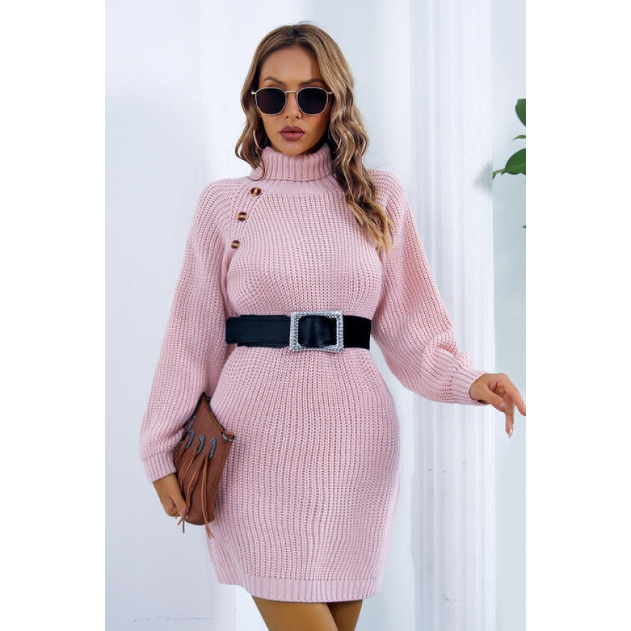 Buttoned Turtleneck Long Sleeve Sweater Dress Clothing