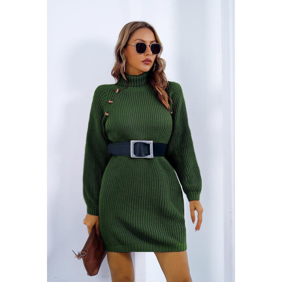 Buttoned Turtleneck Long Sleeve Sweater Dress Clothing