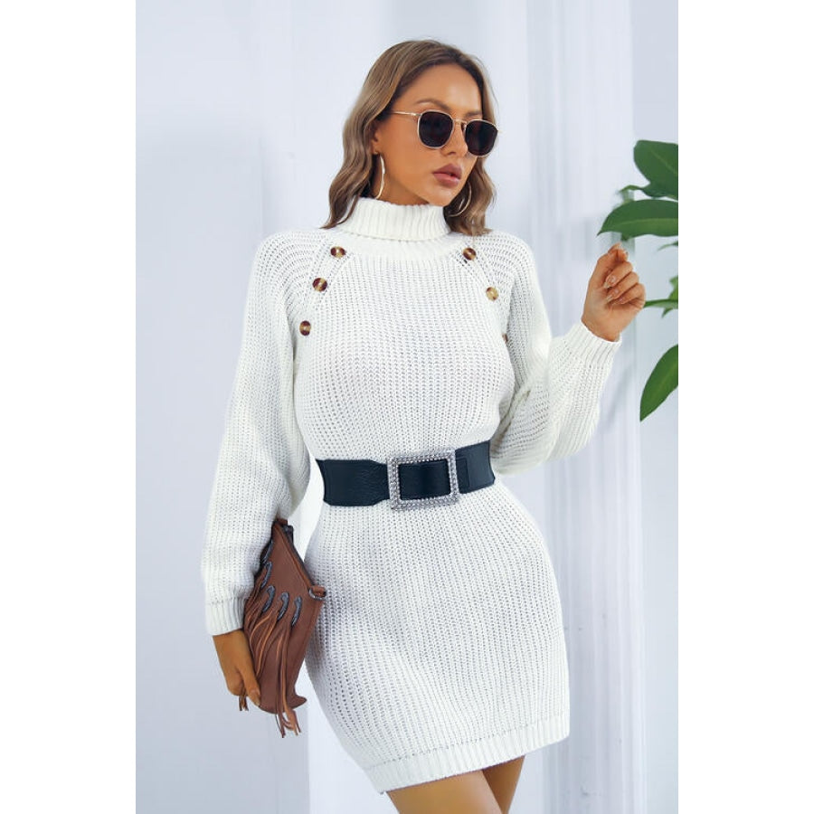 Buttoned Turtleneck Long Sleeve Sweater Dress Clothing