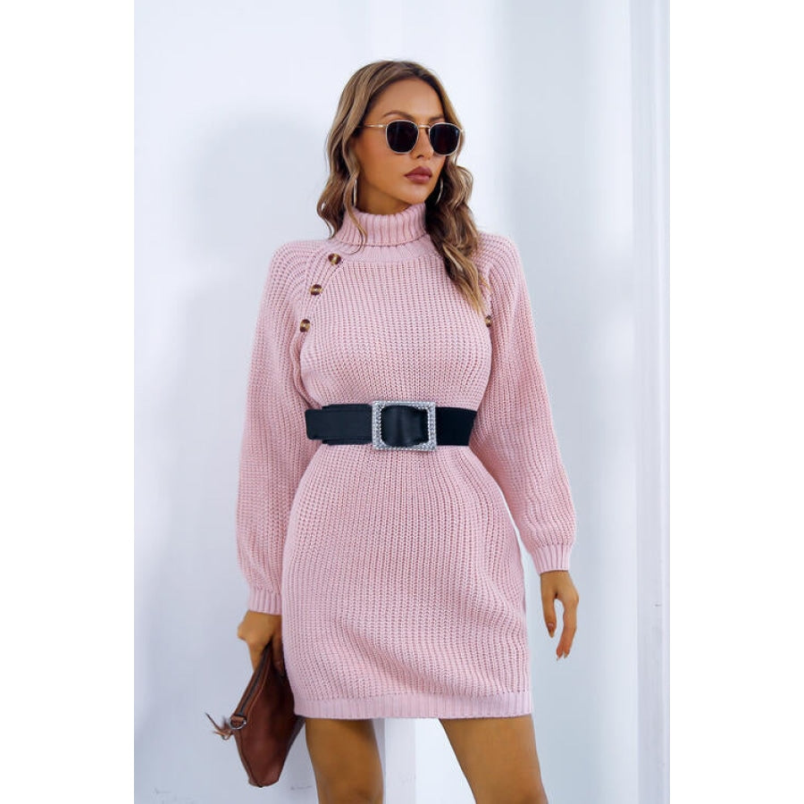 Buttoned Turtleneck Long Sleeve Sweater Dress Clothing