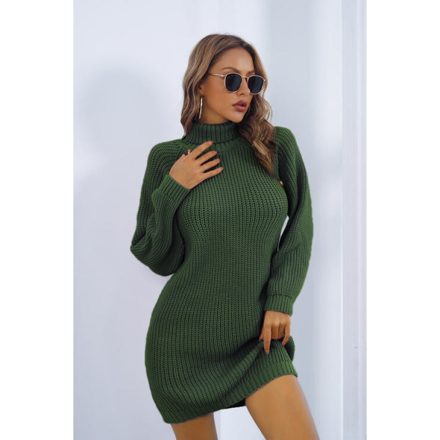 Buttoned Turtleneck Long Sleeve Sweater Dress Green / S Clothing