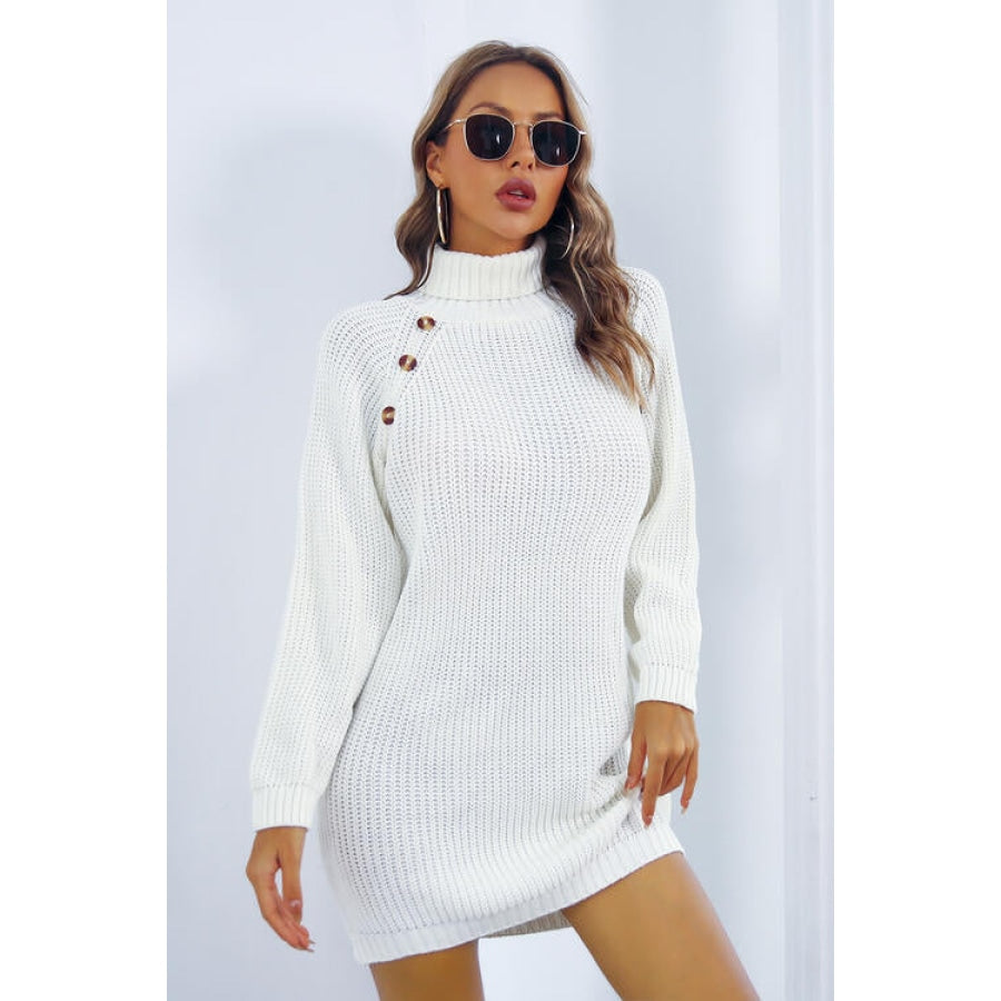 Buttoned Turtleneck Long Sleeve Sweater Dress White / S Clothing