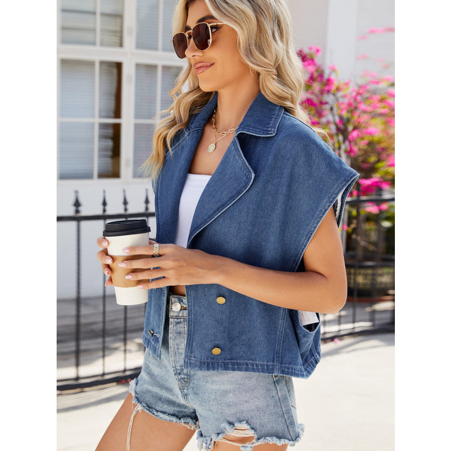 Buttoned Up Collared Neck Denim Top Apparel and Accessories