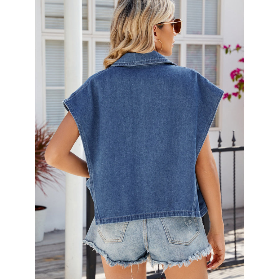 Buttoned Up Collared Neck Denim Top Dusty Blue / S Apparel and Accessories