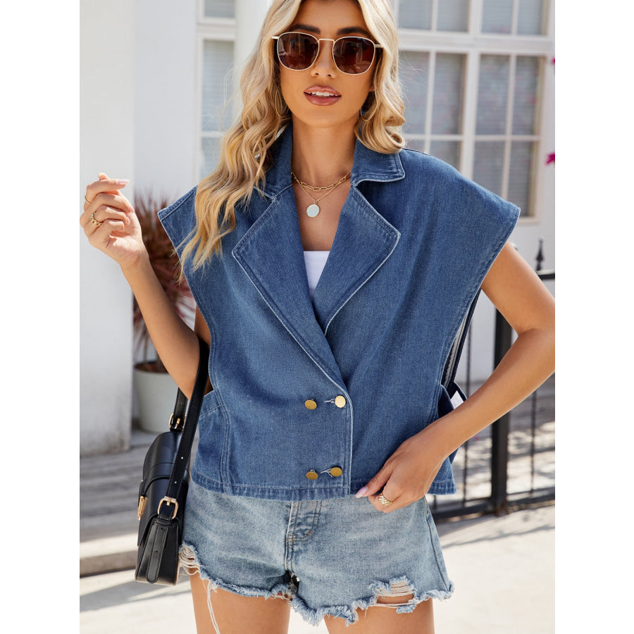 Buttoned Up Collared Neck Denim Top Apparel and Accessories