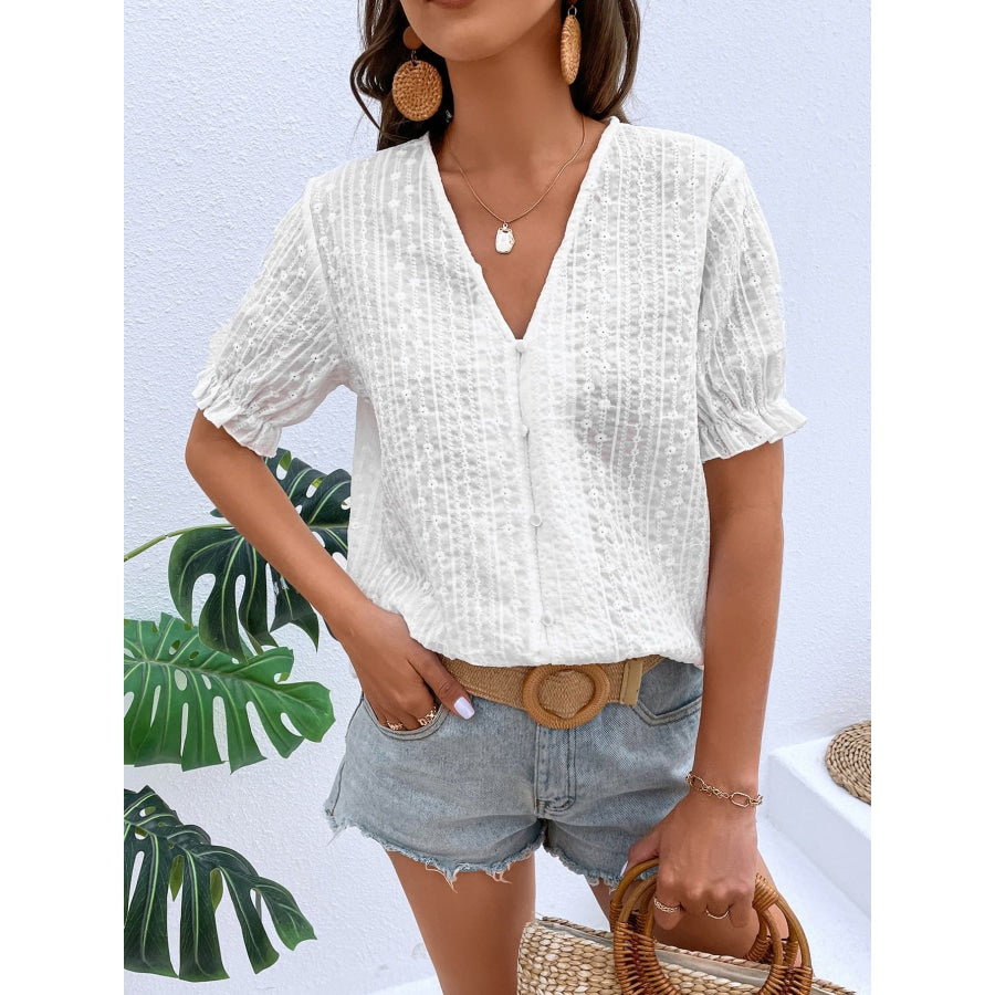 Buttoned V-Neck Flounce Sleeve Top