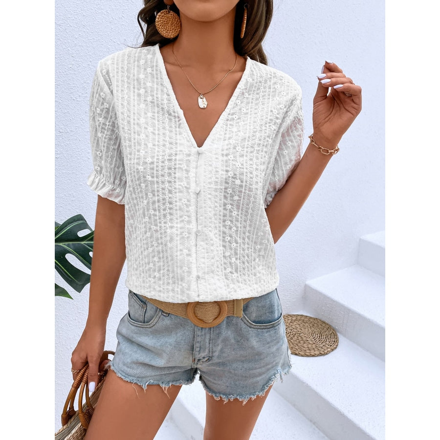 Buttoned V-Neck Flounce Sleeve Top