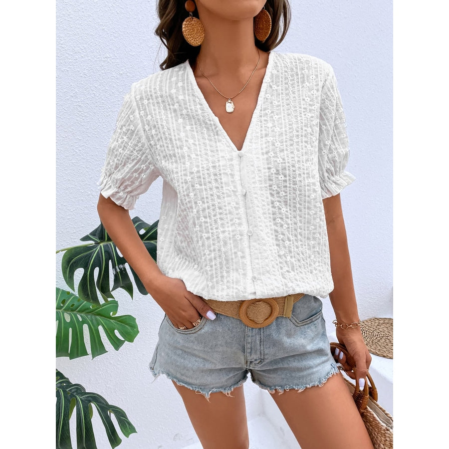 Buttoned V-Neck Flounce Sleeve Top White / S