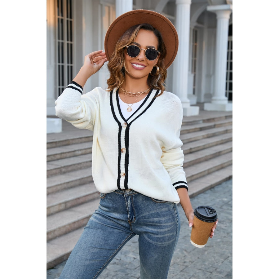 Buttoned V-Neck Long Sleeve Cardigan