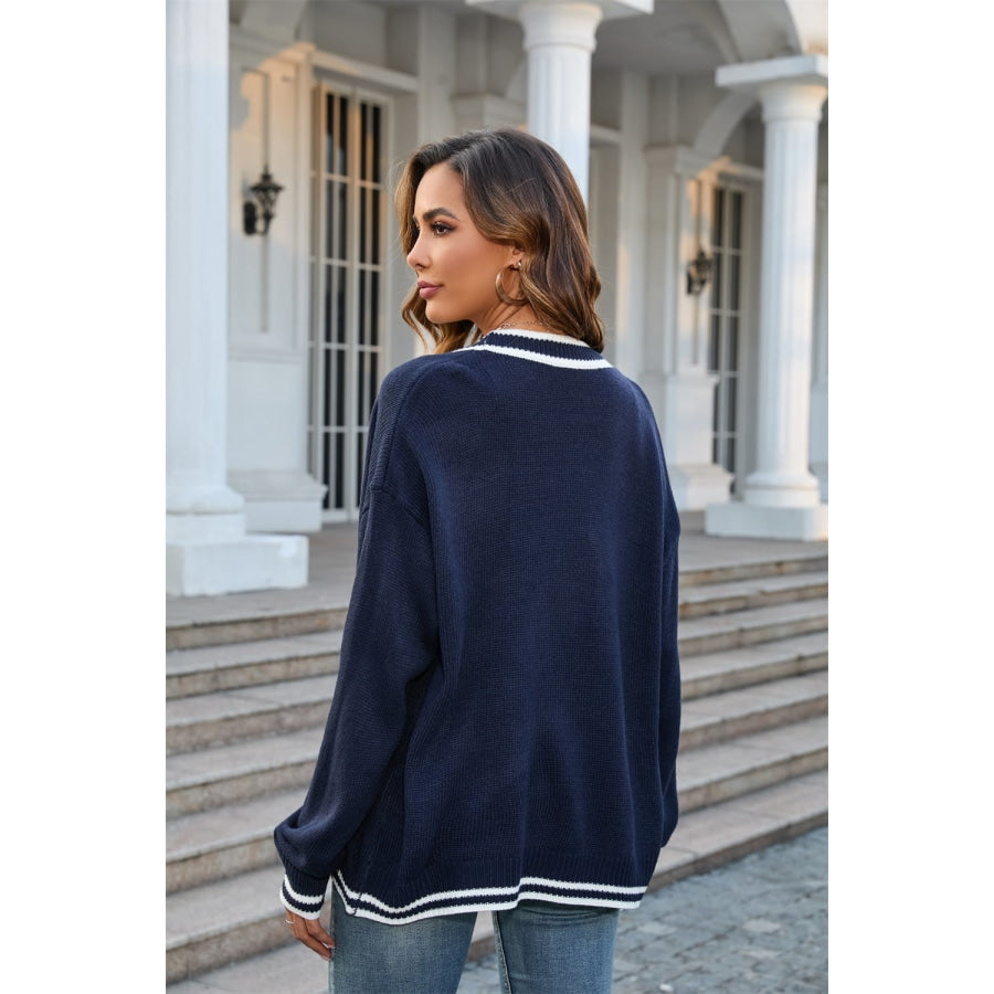 Buttoned V-Neck Long Sleeve Cardigan Navy / S