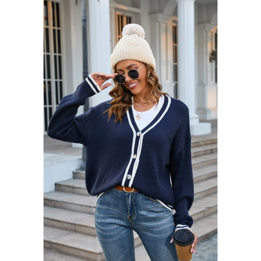 Buttoned V-Neck Long Sleeve Cardigan