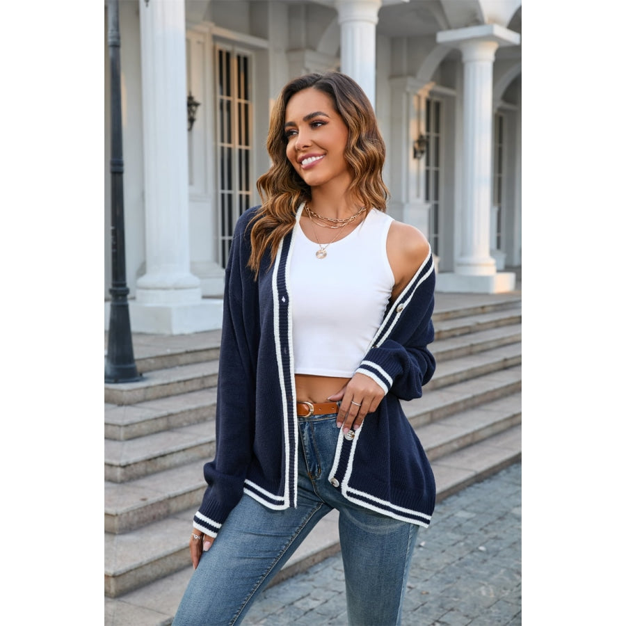 Buttoned V-Neck Long Sleeve Cardigan