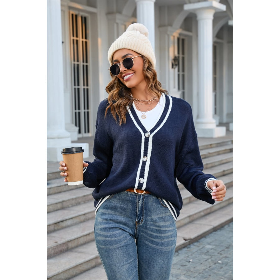 Buttoned V-Neck Long Sleeve Cardigan