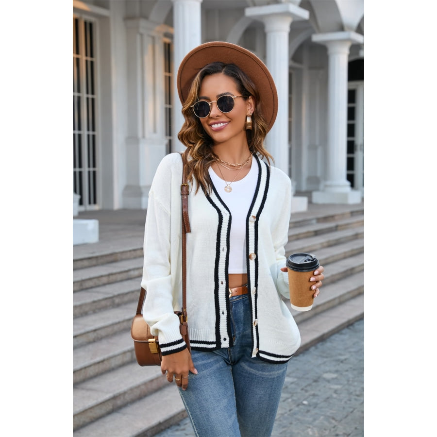 Buttoned V-Neck Long Sleeve Cardigan White / S