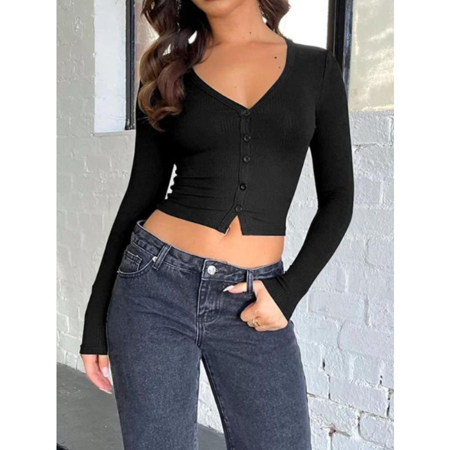 Buttoned V-Neck Long Sleeve T-Shirt Apparel and Accessories