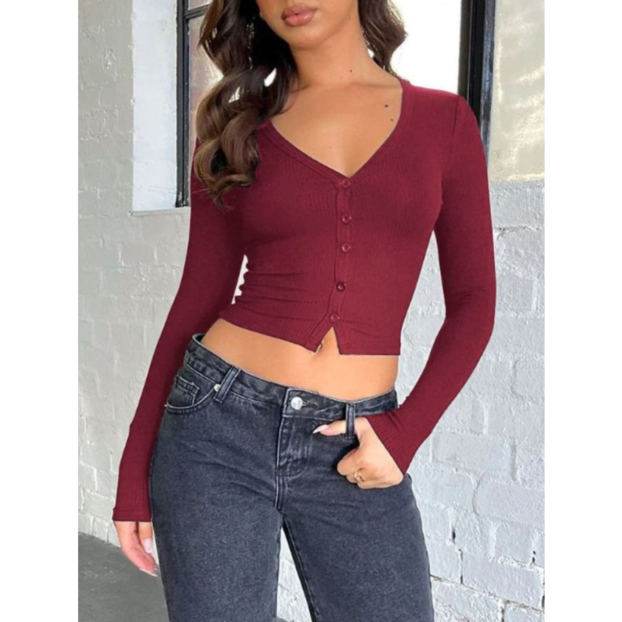 Buttoned V-Neck Long Sleeve T-Shirt Apparel and Accessories