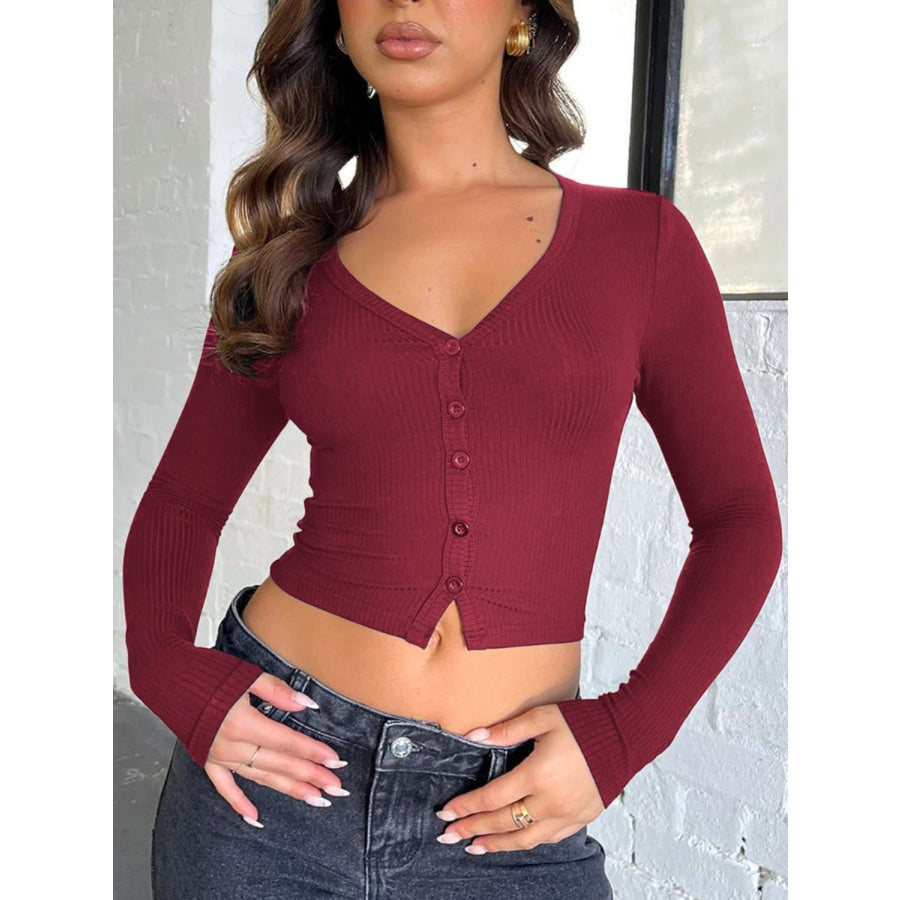 Buttoned V-Neck Long Sleeve T-Shirt Apparel and Accessories