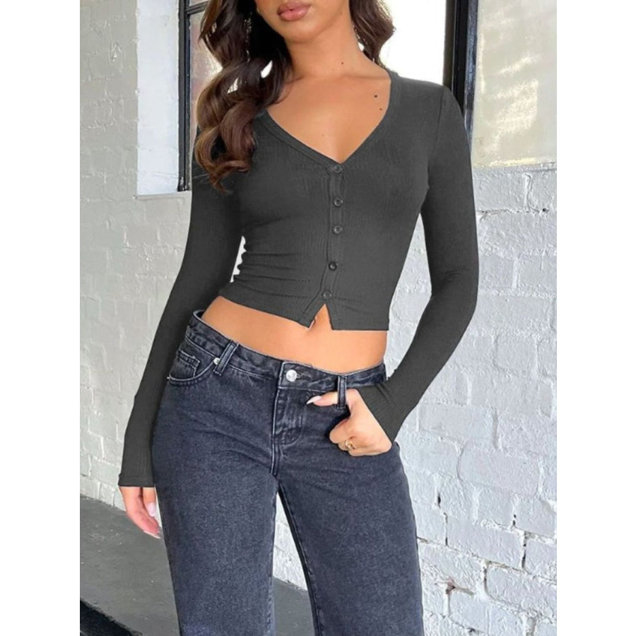 Buttoned V-Neck Long Sleeve T-Shirt Apparel and Accessories