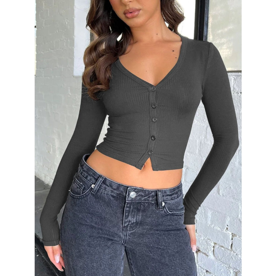 Buttoned V-Neck Long Sleeve T-Shirt Apparel and Accessories