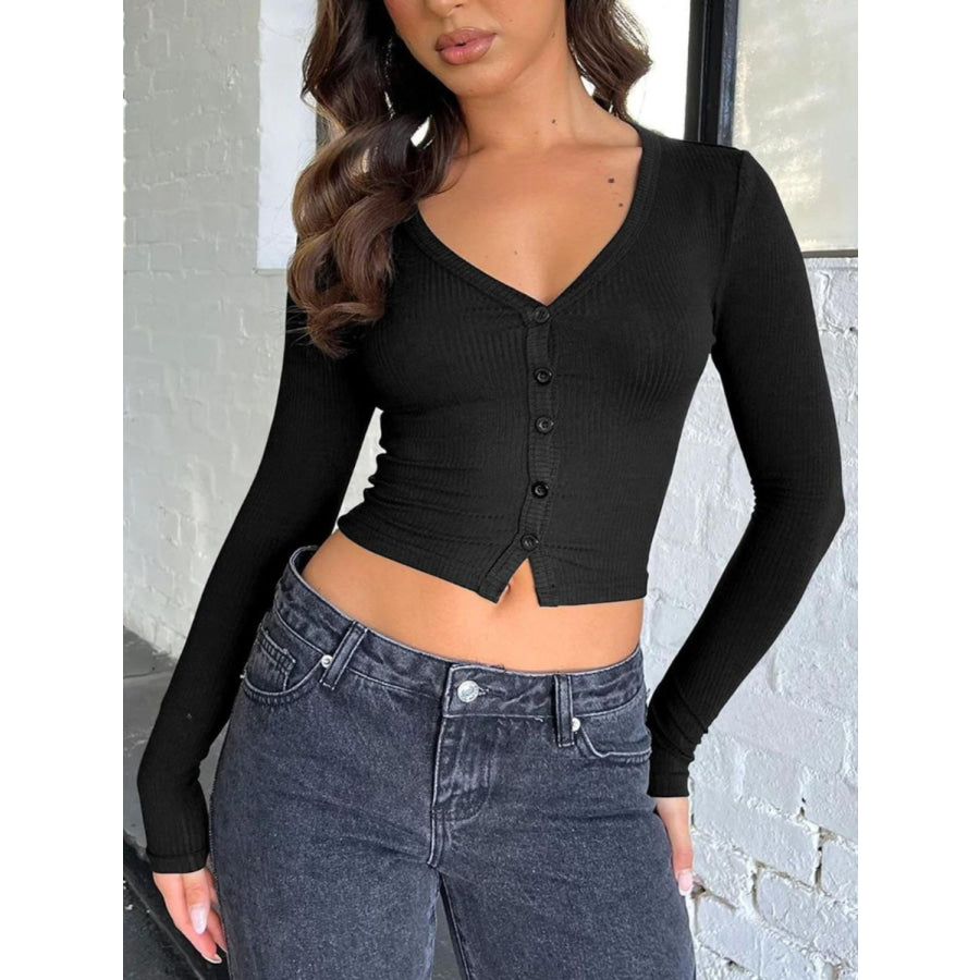 Buttoned V-Neck Long Sleeve T-Shirt Apparel and Accessories